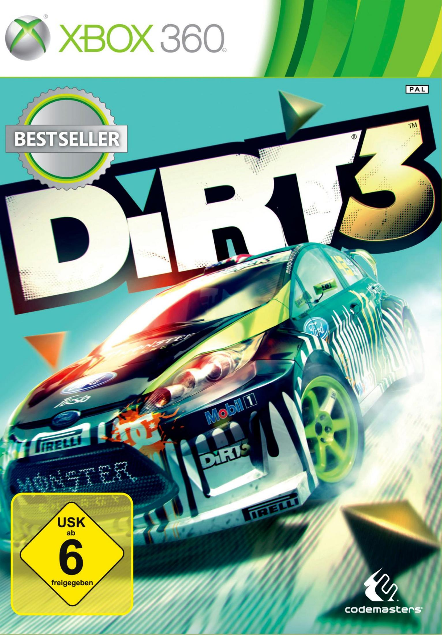 DiRT 3-Spielcover für Xbox 360 mit einem Rallye-Auto auf einer Rennstrecke.