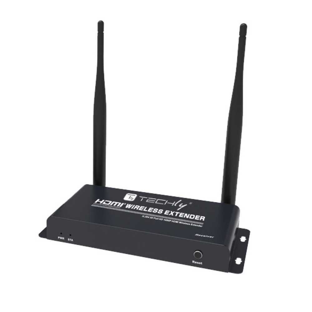 Un extender wireless HDMI nero con due antenne e un pulsante di reset, vista frontale.