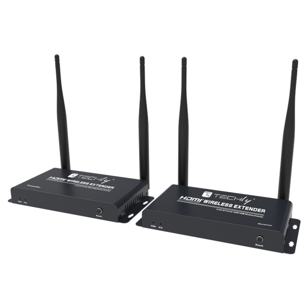 Due extender wireless HDMI neri con antenne e pulsanti di reset, affiancati, vista frontale.