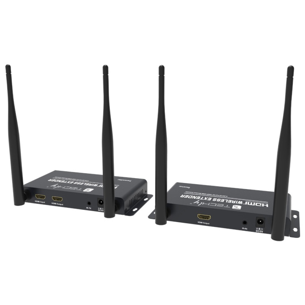 Due extender wireless HDMI neri con antenne, affiancati, su sfondo bianco.