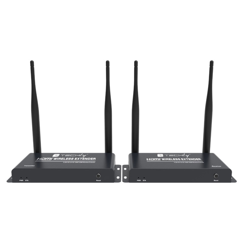 Due extender wireless HDMI neri con antenne. I dispositivi sono posizionati fianco a fianco.