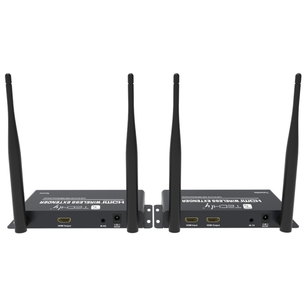 Due extender wireless HDMI neri con antenne, vista posteriore. Le porte di ingresso e uscita HDMI sono visibili.