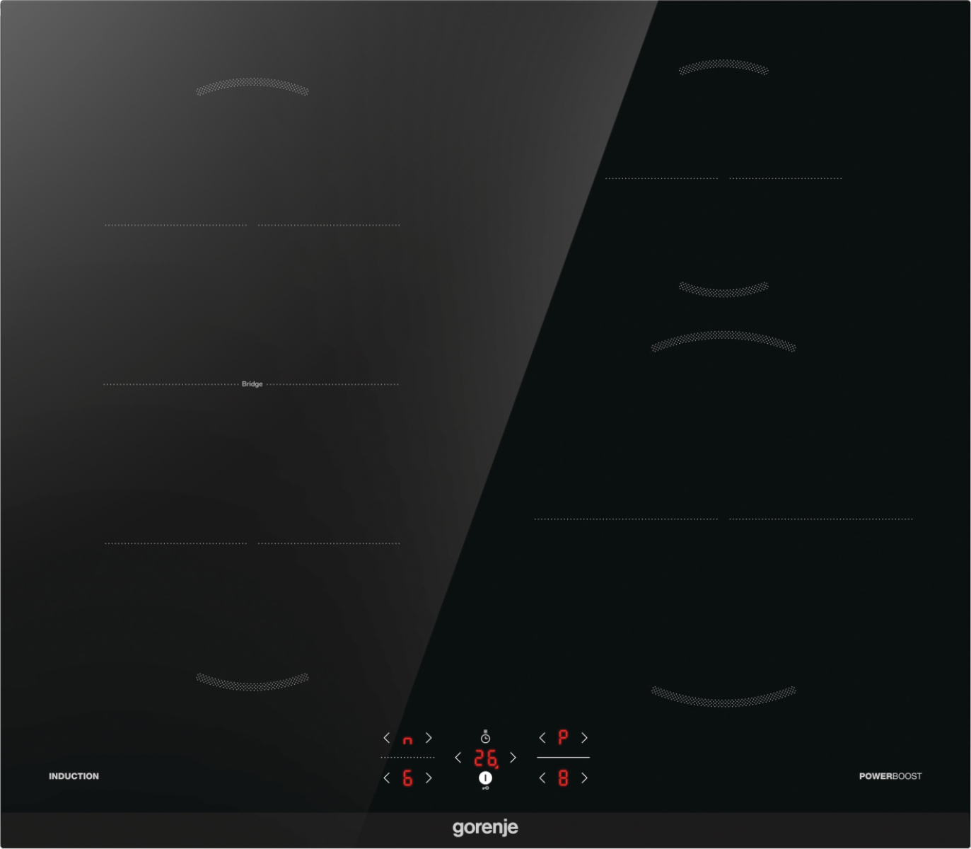 Czarna płyta indukcyjna. Cztery pola grzewcze. Sterowanie dotykowe i wyświetlacz. Marka Gorenje.