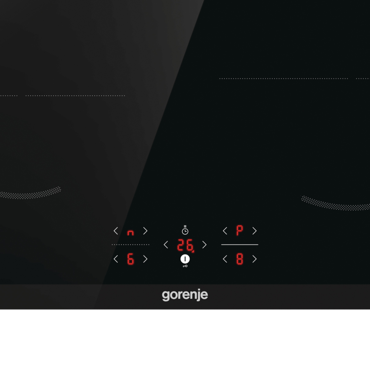 Zbliżenie na czarną płytę grzewczą z czerwonym wyświetlaczem cyfrowym i logo Gorenje. Widoczne elementy sterujące.