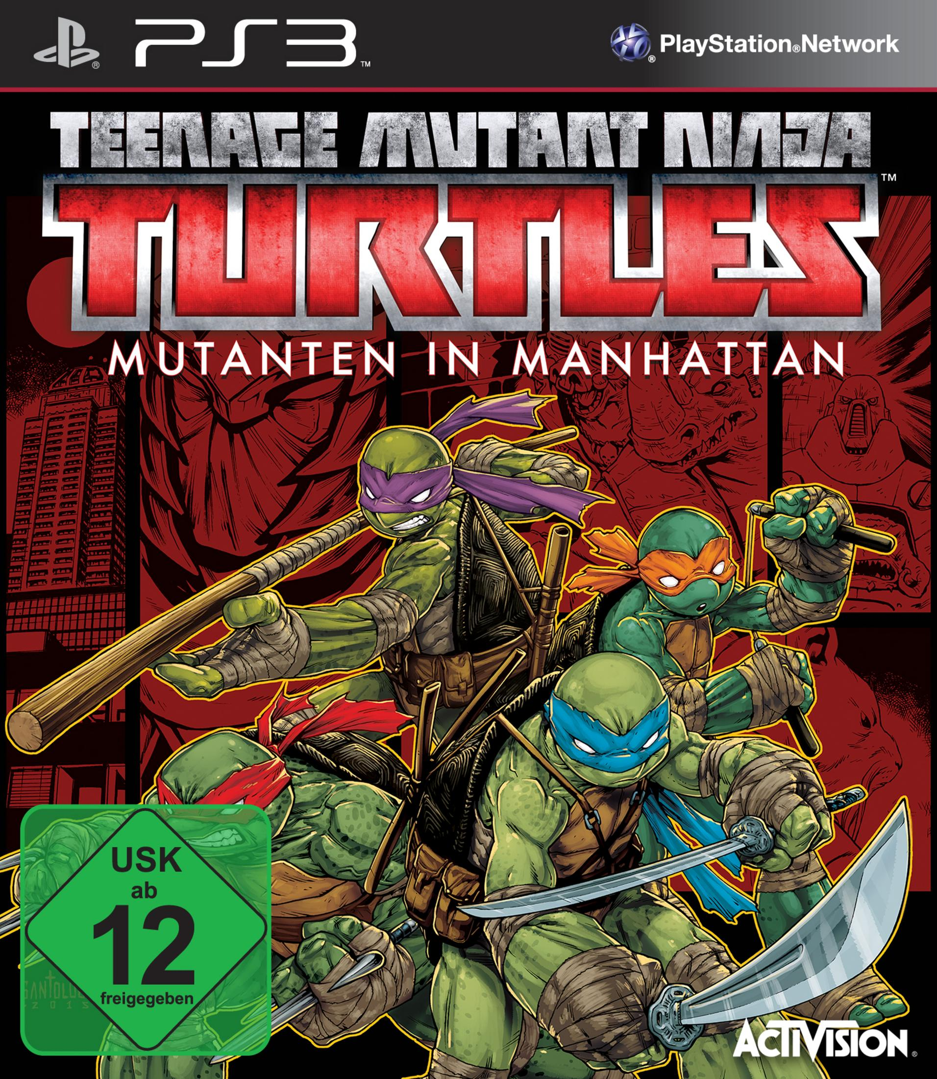Teenage Mutant Ninja Turtles Spielcover. Die Schildkröten sind in Aktion mit Waffen. PS3-Logo.