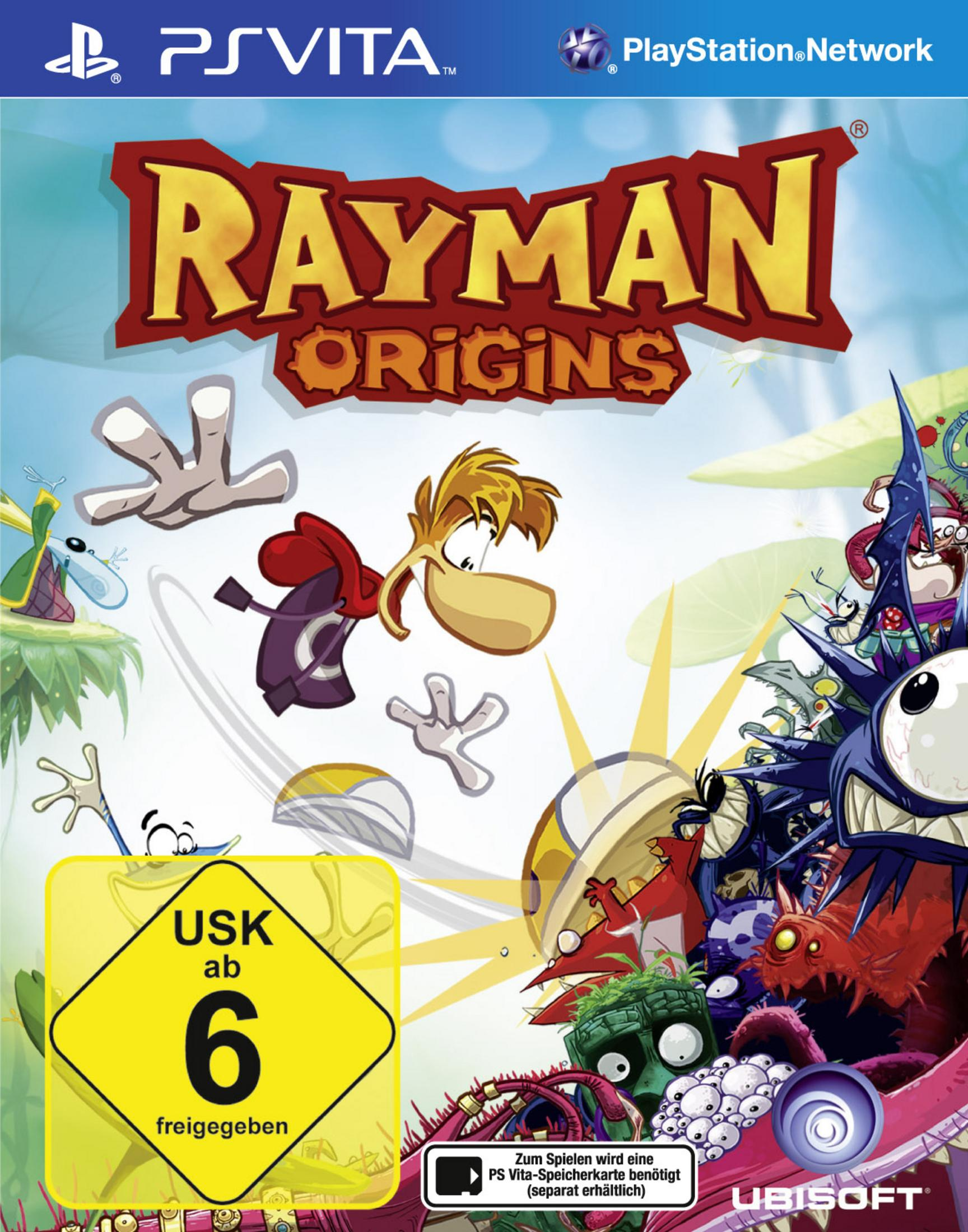 Rayman Origins Spielcover, mit Rayman und anderen Zeichentrickfiguren.