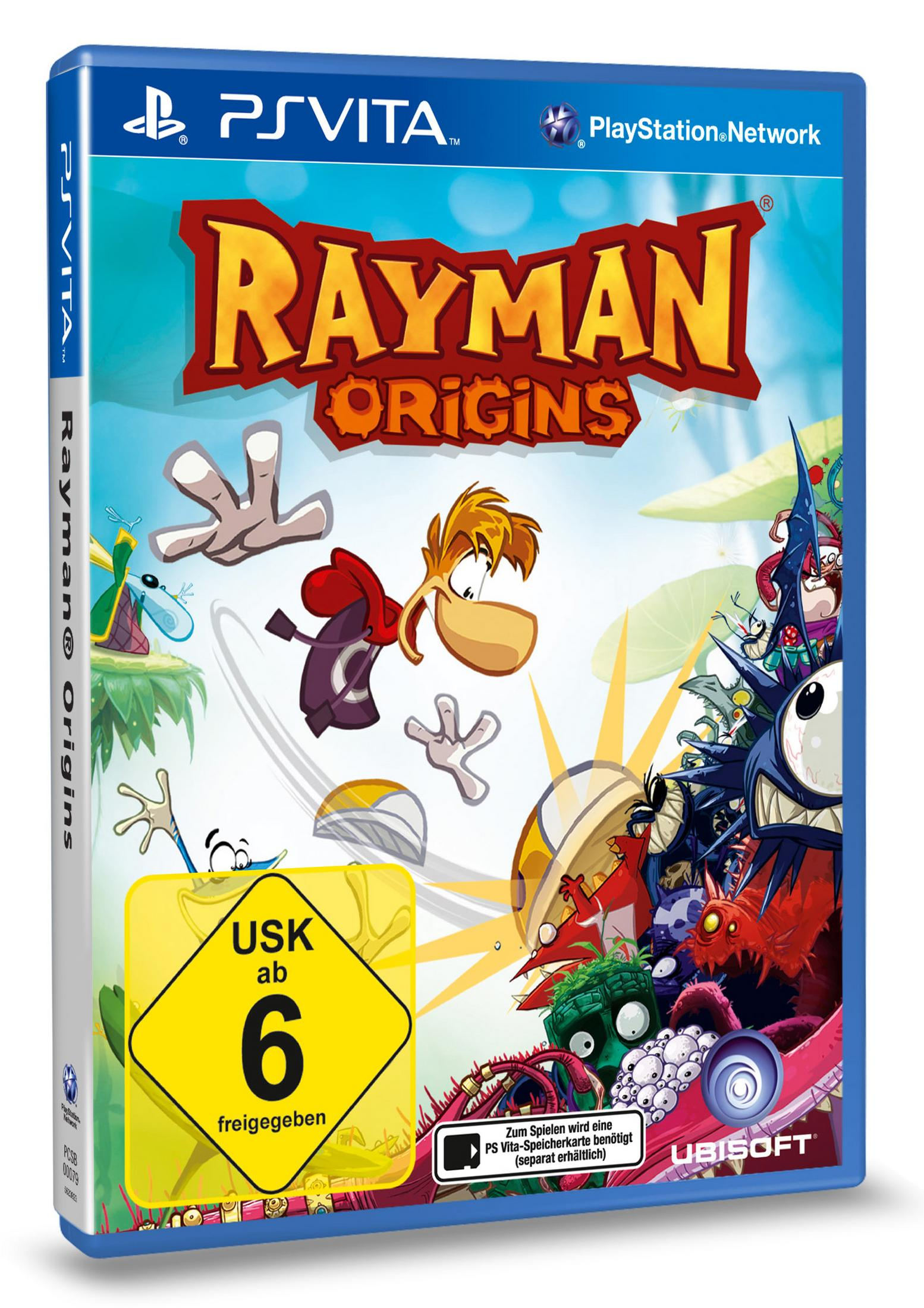 Rayman Origins PS Vita Spielcover mit einer bunten Fantasieszene und Charakteren.