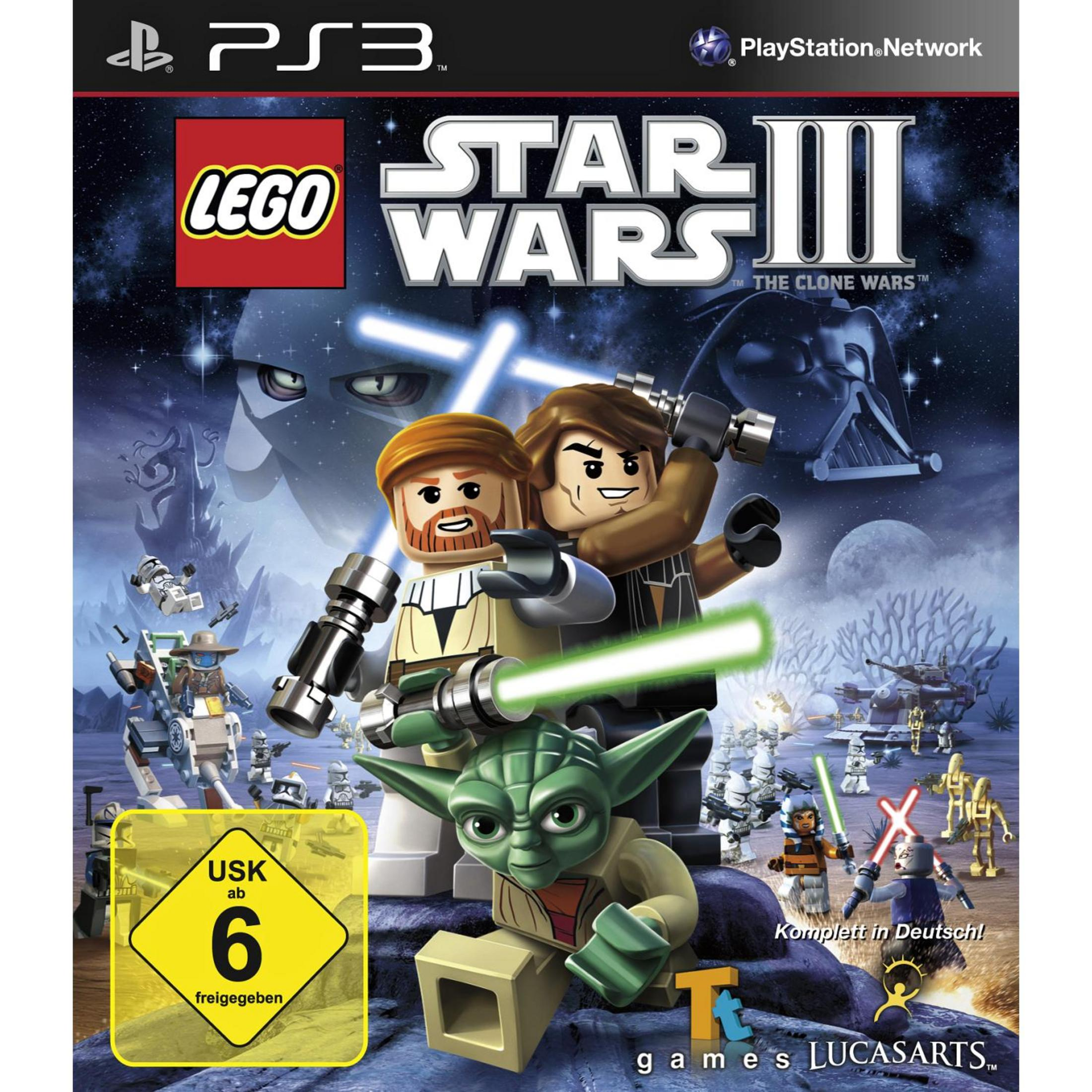 LEGO Star Wars III: The Clone Wars-Videospiel-Cover mit LEGO-Charakteren und dem Spieltitel.