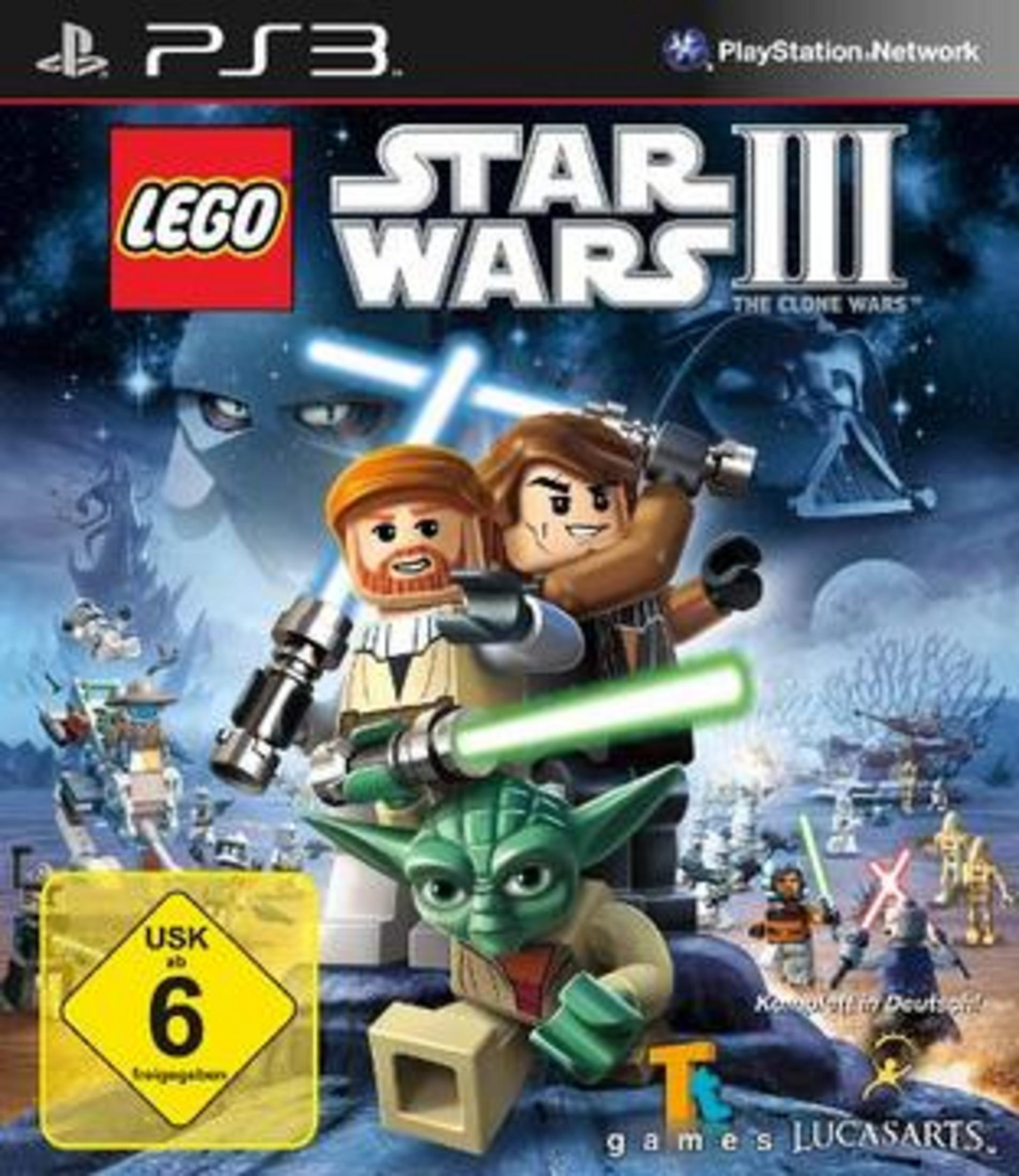Lego Star Wars III Spielcover mit Yoda, zwei Lego-Figuren und einer Clone Wars Szene.