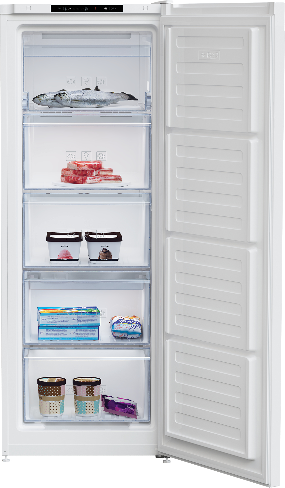 Ein weißer Gefrierschrank mit geöffneter Tür, die Schubladen mit Lebensmitteln wie Fisch, Fleisch und Eiscreme zeigt.