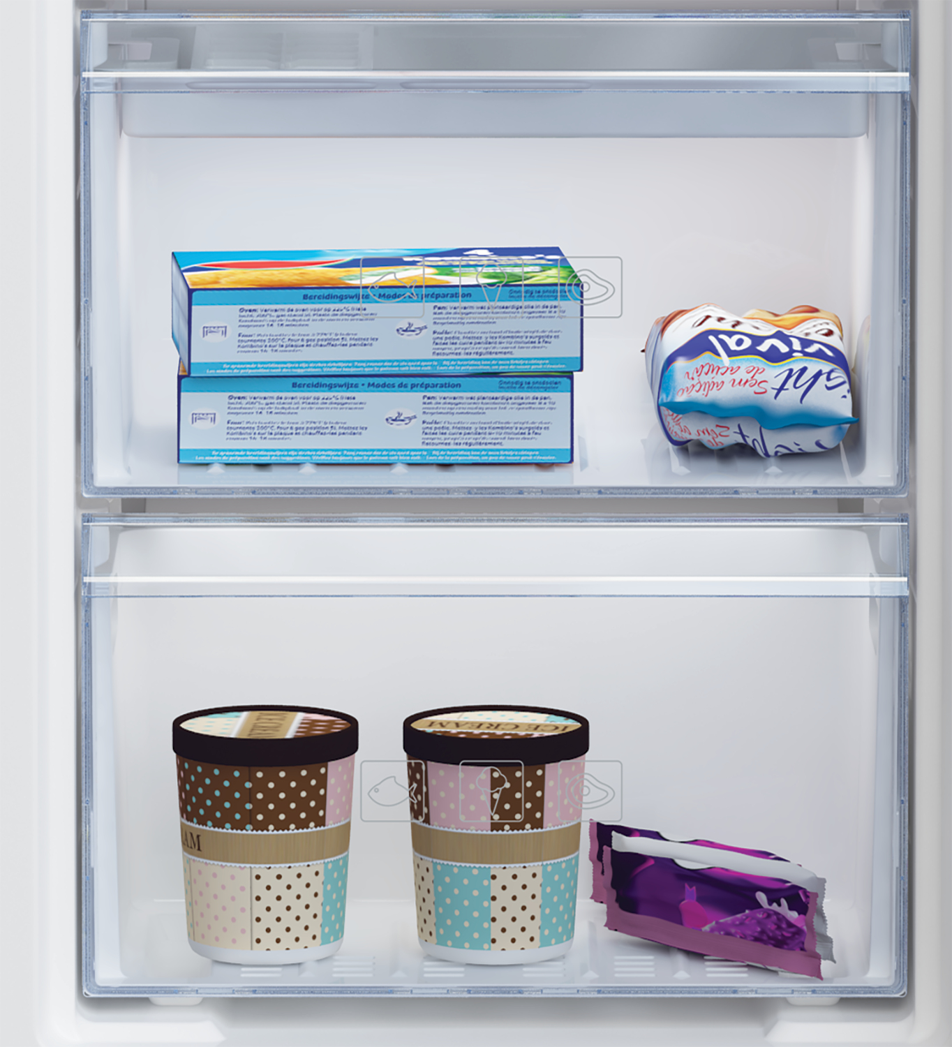 Eine Gefrierschublade mit Tiefkühlkost und Eiscreme. Die Schublade ist in einem weißen Gefrierschrank.