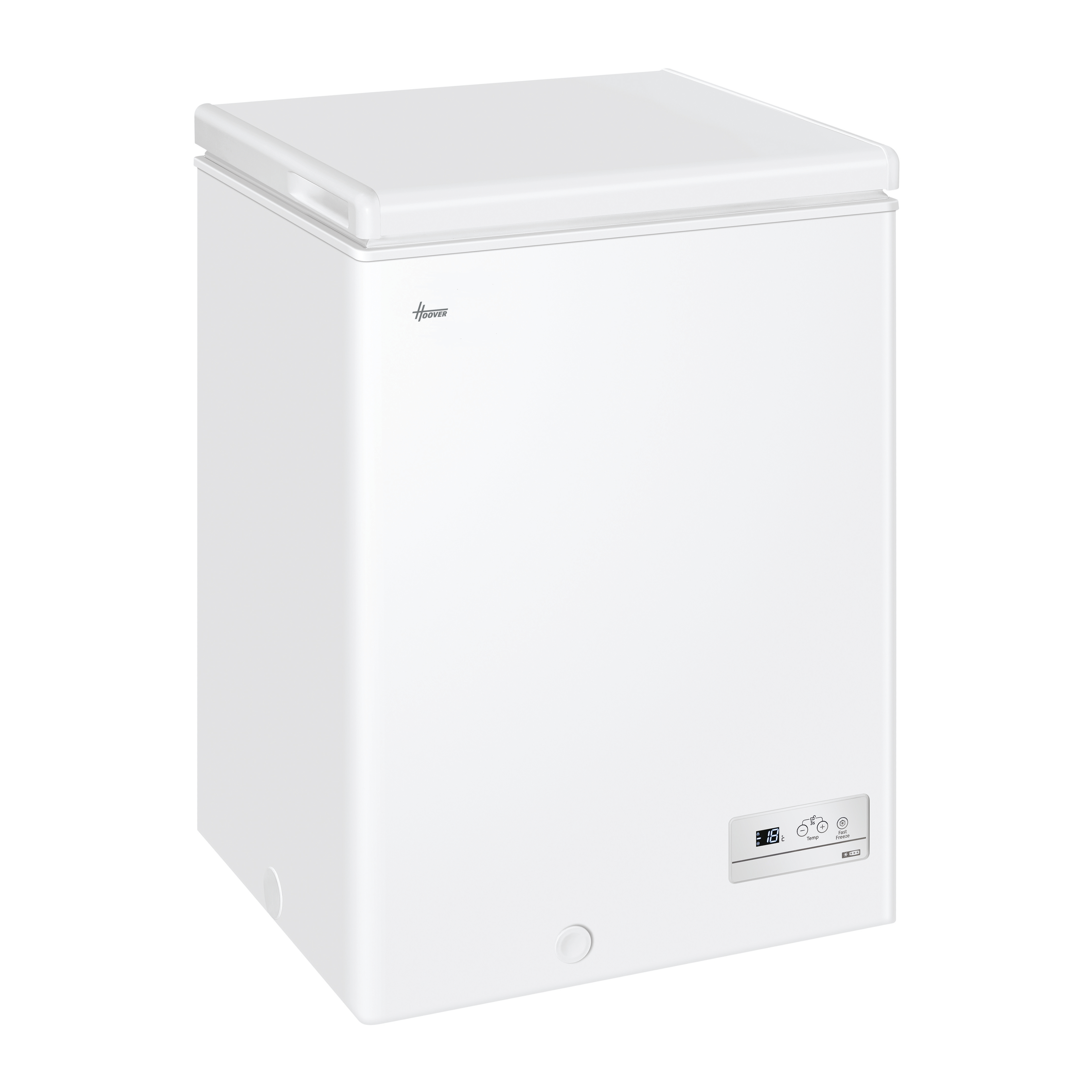 Congelador horizontal Hoover blanco. Tiene una tapa en la parte superior y un panel de control.