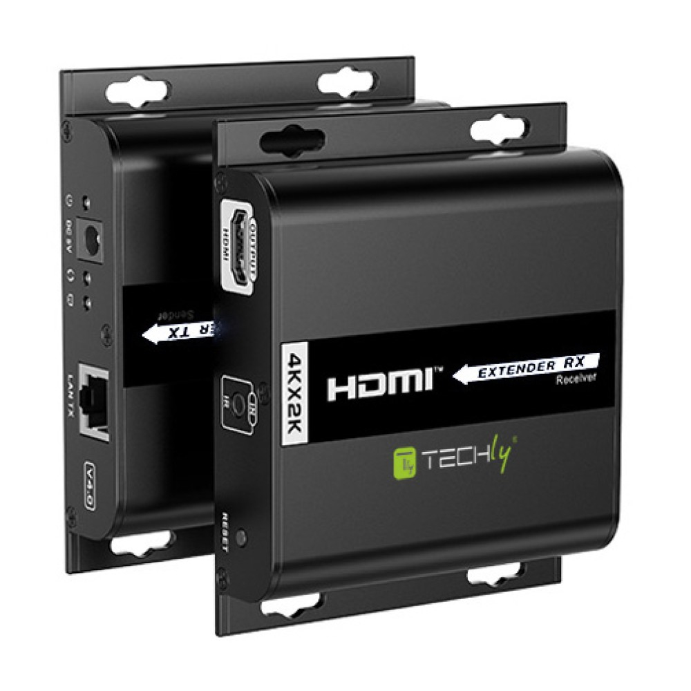 Due extender HDMI neri. Ognuno ha porte ed etichette. Logo Techly visibile.