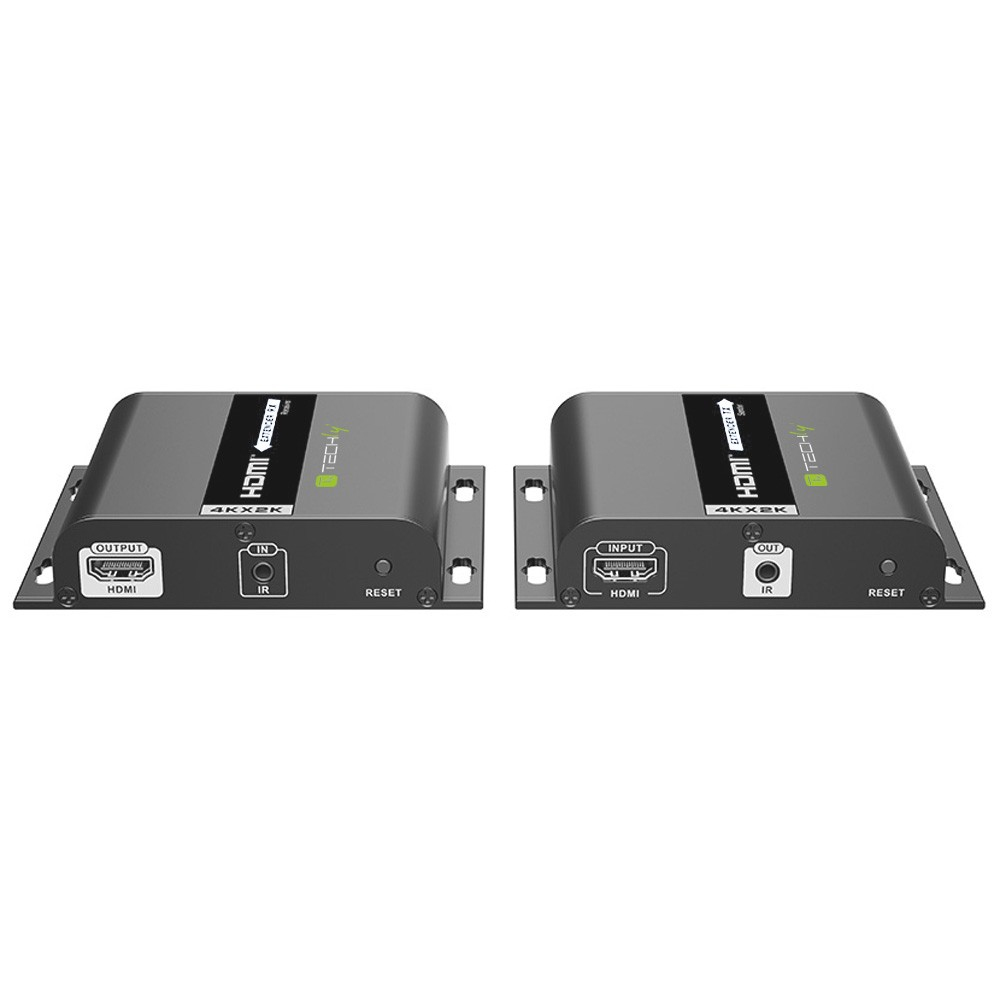 Due extender HDMI neri, vista laterale. Ognuno ha porte ed etichette. Logo Techly.