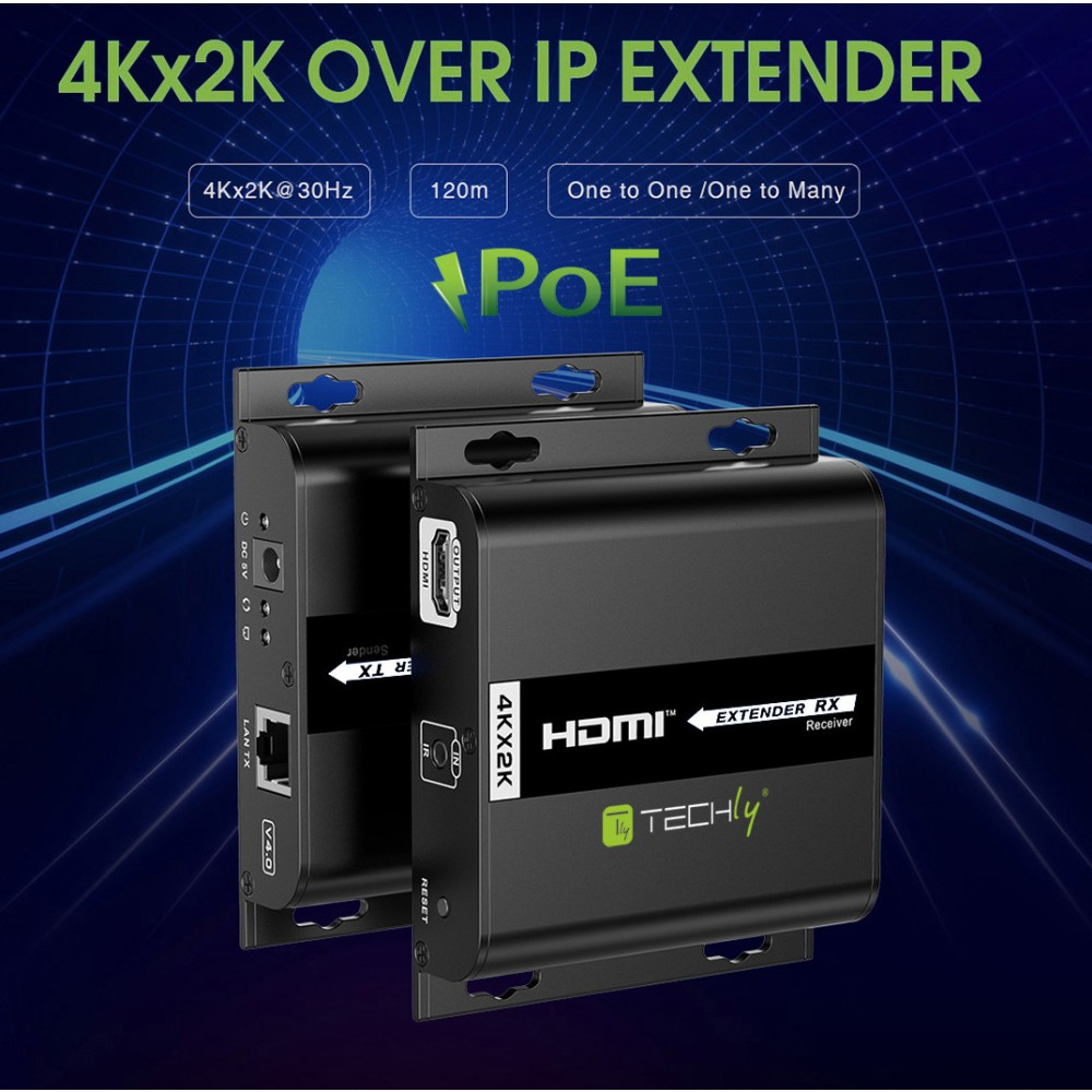 Extender HDMI nero. Il testo include 4Kx2K, HDMI e Techly. La luce blu brilla sopra.