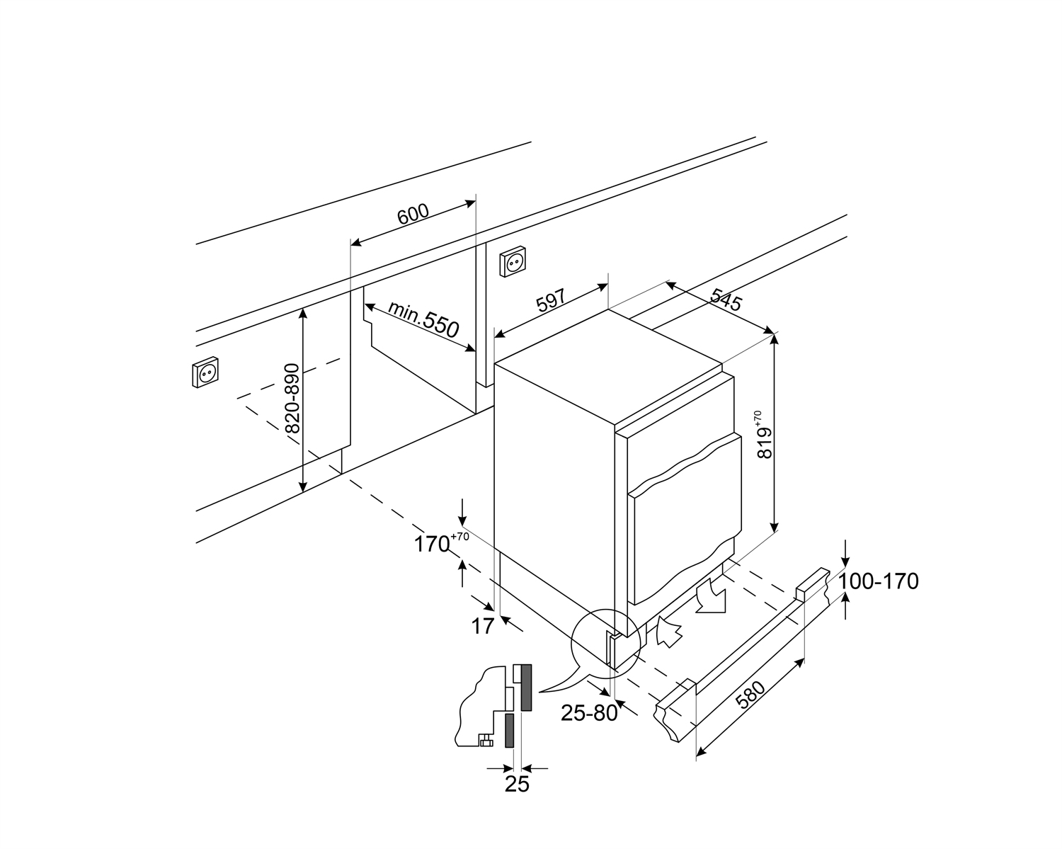 Disegno tecnico di un elettrodomestico da incasso con dimensioni, linee e frecce.