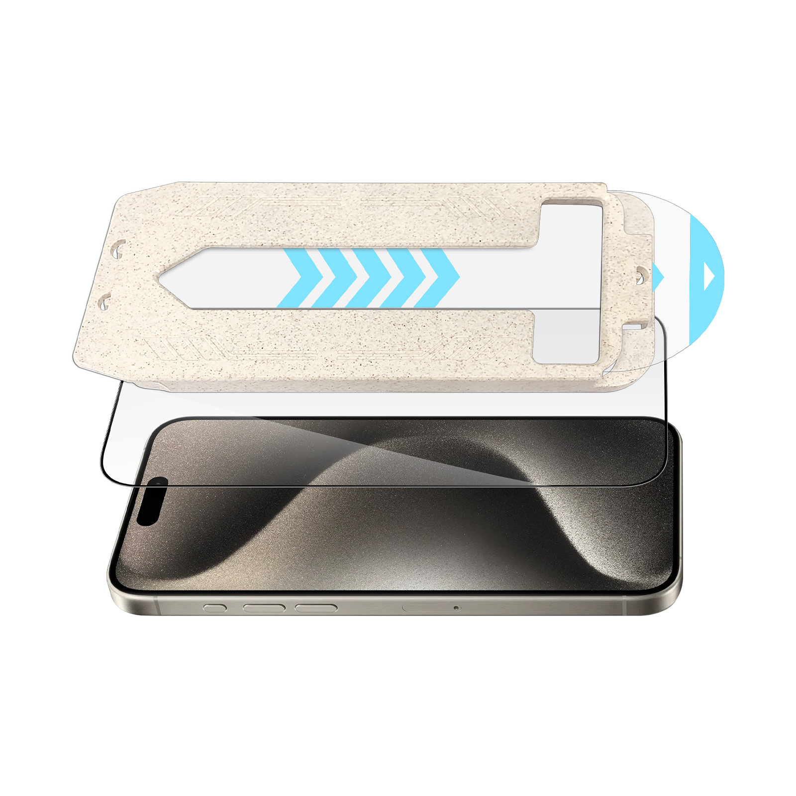 Telefon, ochrona ekranu i narzędzie do wyrównywania. Narzędzie ma strzałki. Przezroczysta ochrona ekranu na telefonie.