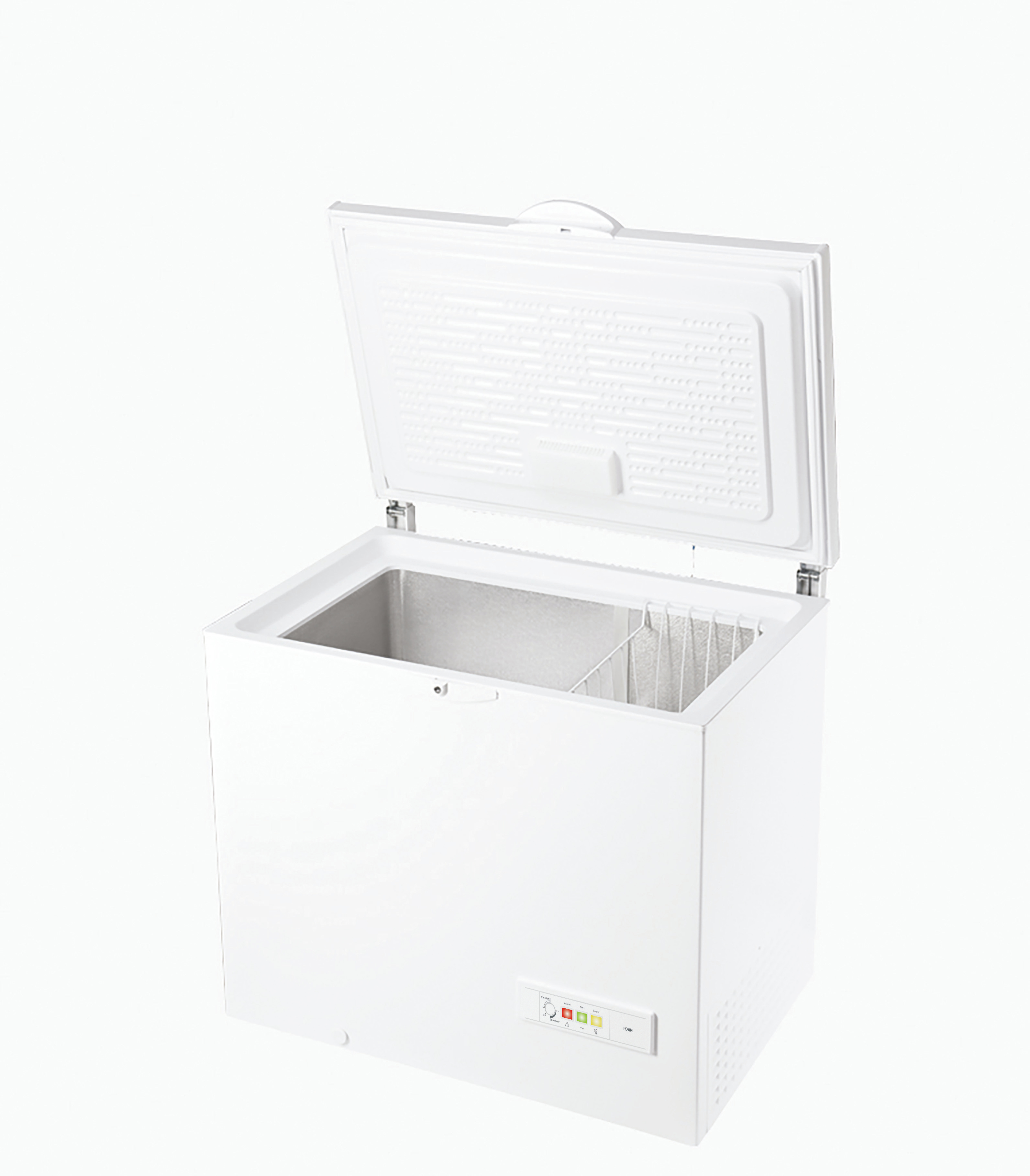 Congelatore a pozzetto bianco con coperchio aperto. Interno bianco con due divisori. Il congelatore è vuoto.