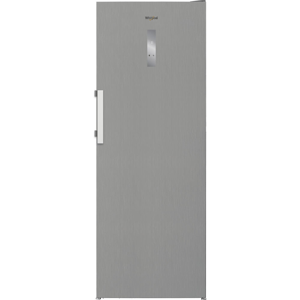 Congelatore verticale Whirlpool argento con maniglia e pannello comandi sulla porta.