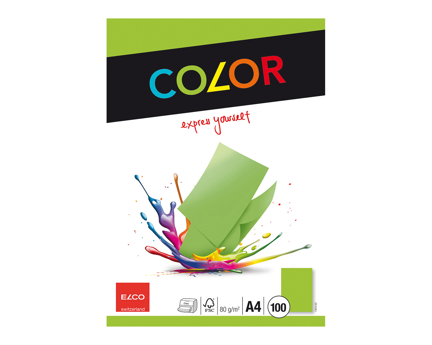 Farbiges Papier mit Farbspritzern und dem Text 'COLOR express yourself'.