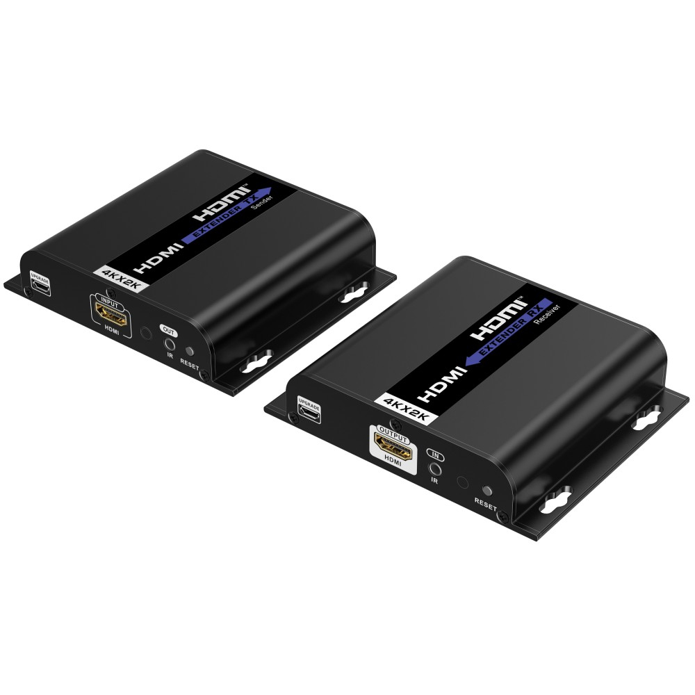 Due dispositivi extender HDMI neri. Ognuno ha porte HDMI, IR e reset etichettate. Le scatole sono nere e rettangolari.