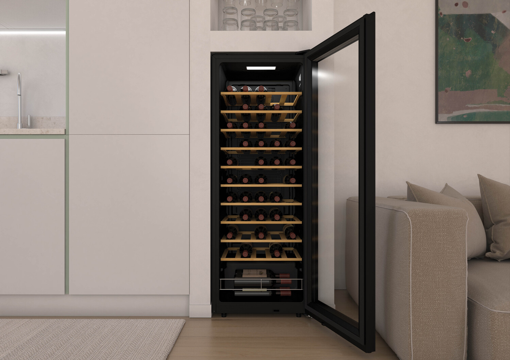 Szafka na wino z otwartymi drzwiami, eksponująca butelki wina. Znajduje się w nowoczesnej kuchni.