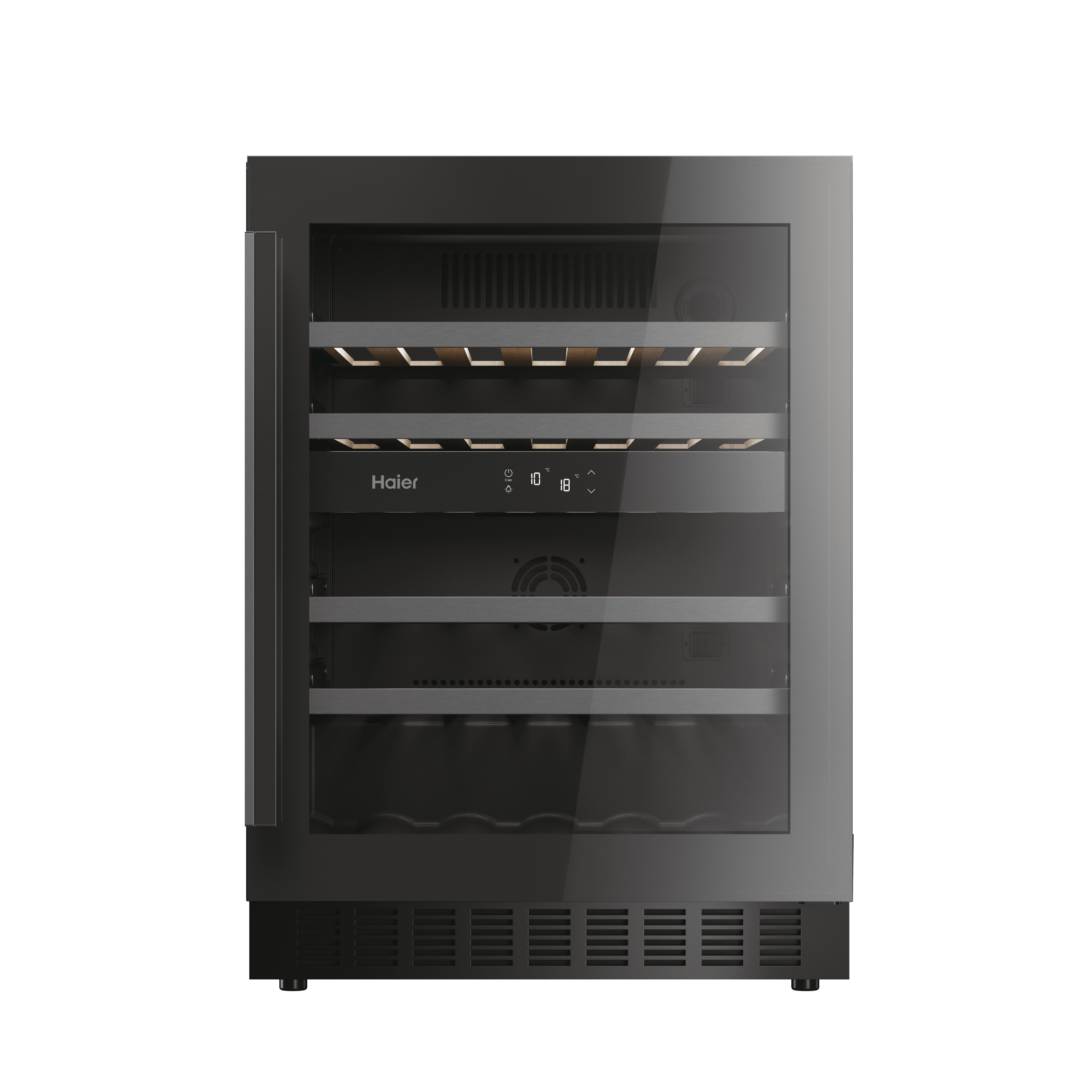 Enfriador de vino Haier negro con puerta cerrada. Con puerta de vidrio y estantes internos.