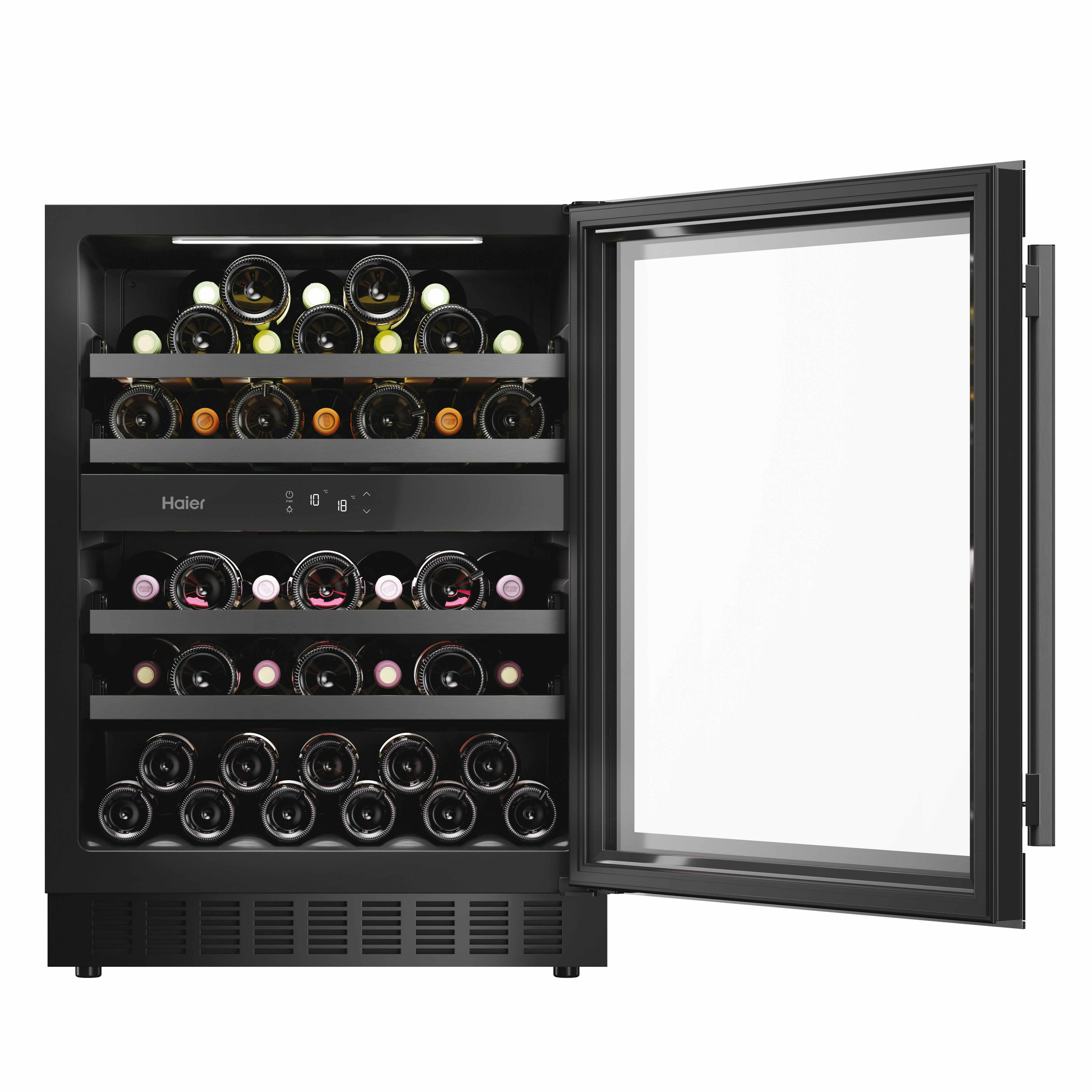 Enfriador de vino Haier negro con puerta abierta, lleno de botellas. Puerta de vidrio muestra interior.