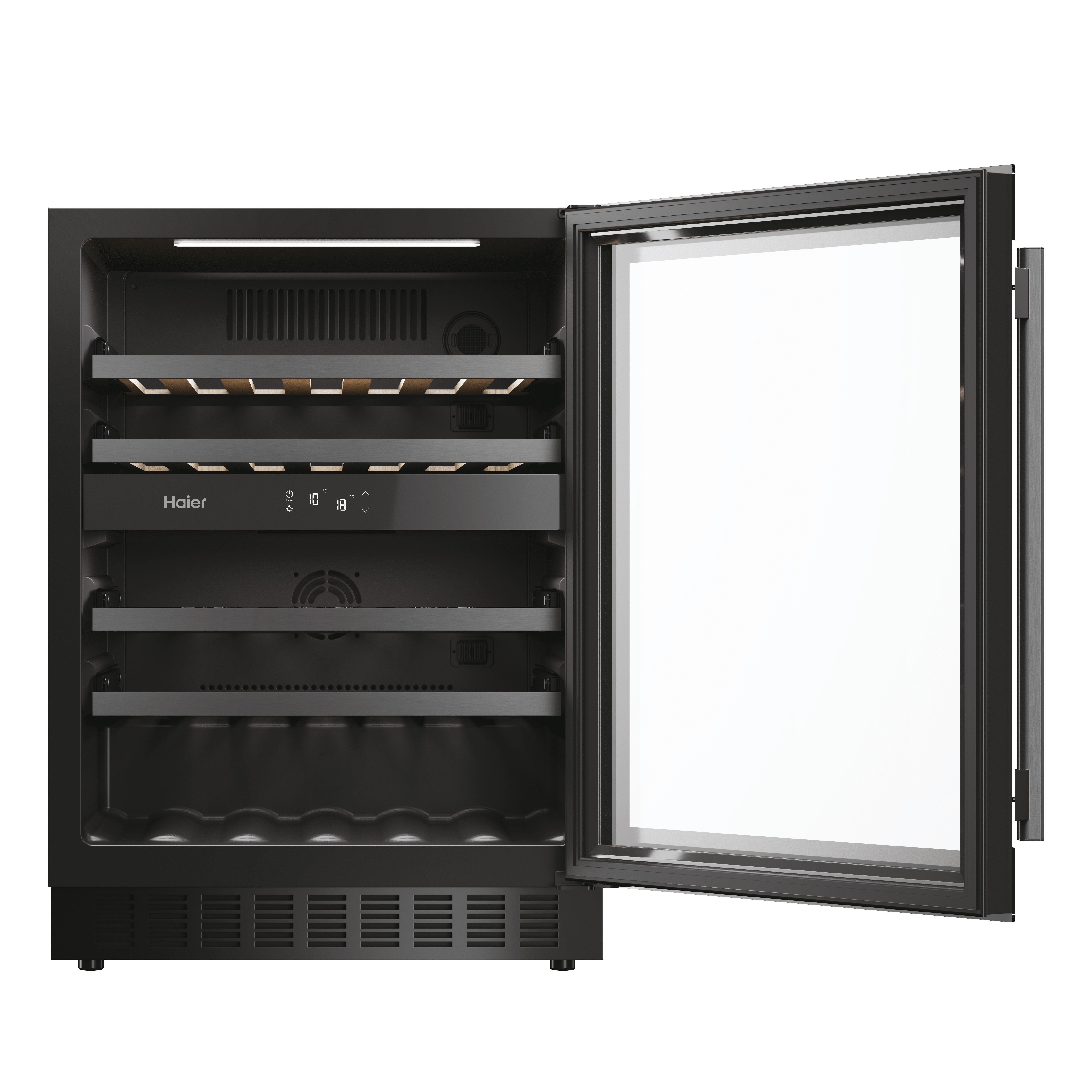 Enfriador de vino Haier negro con puerta abierta. Interior con estantes, luces y panel de control.