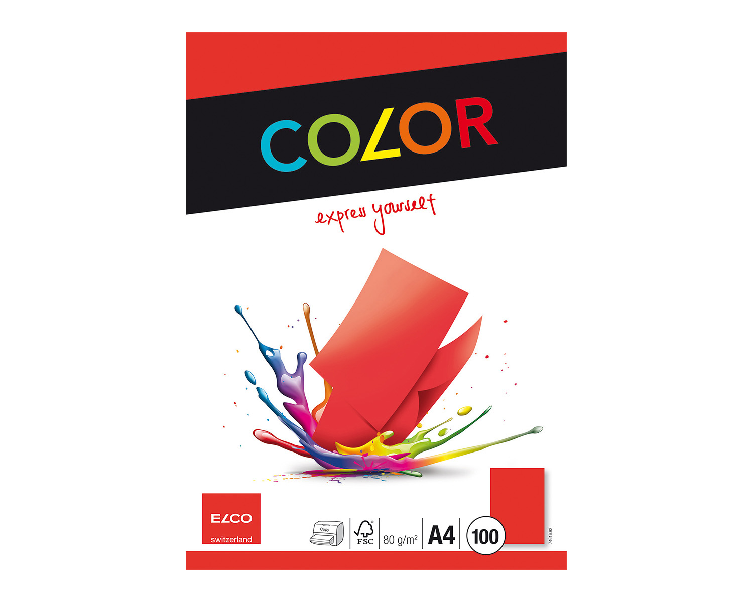 Farb-Papierpackung mit rotem Papier, Farbspritzer und dem Wort COLOR.