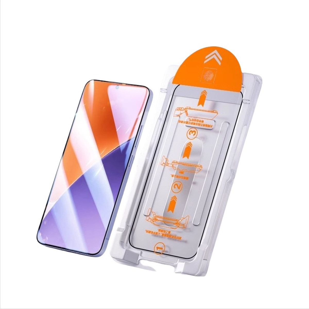 Telefon- und Displayschutzfolien-Applikationskit. Telefon links, Kit rechts. Anweisungen sind gedruckt.