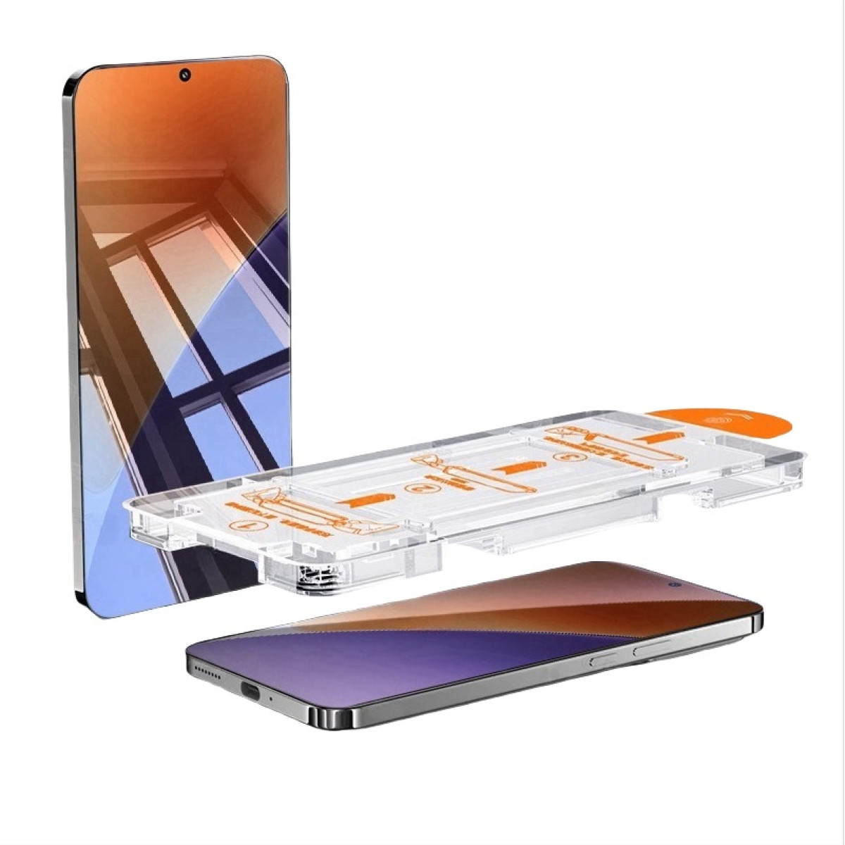 Telefonschutzfolien-Kit. Telefon, Schutzfolie und Applikationswerkzeug werden gezeigt.