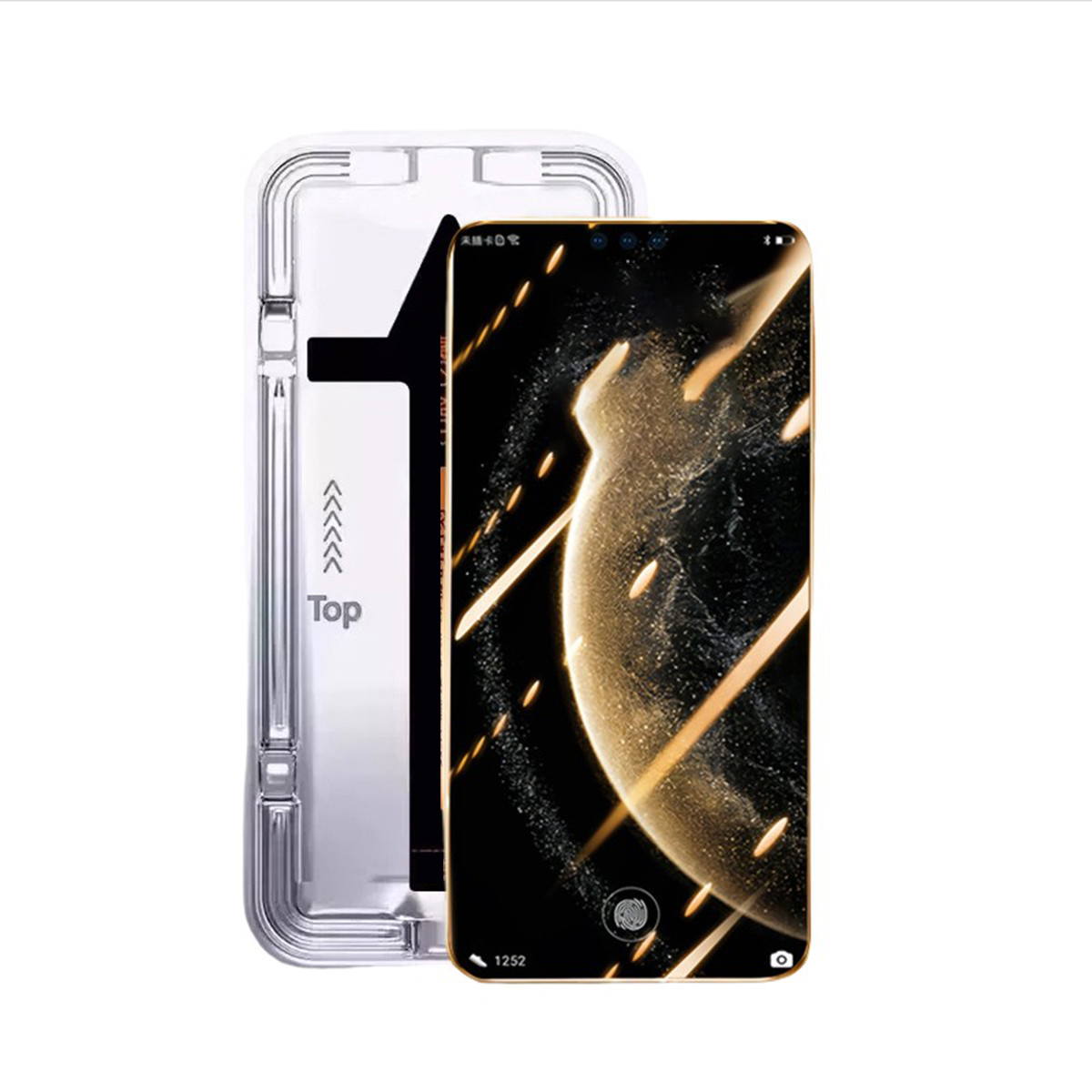 Smartphone mit Displayschutzfolie, zeigt Installationsanweisungen und Telefon.