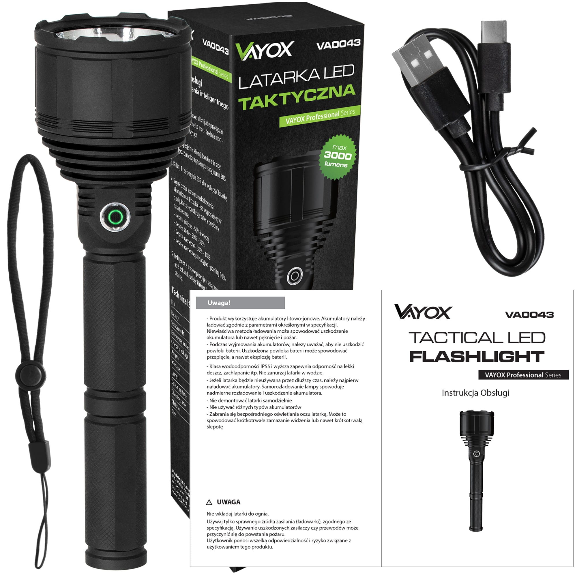 Czarna taktyczna latarka LED z pudełkiem, kablem USB i smyczą.