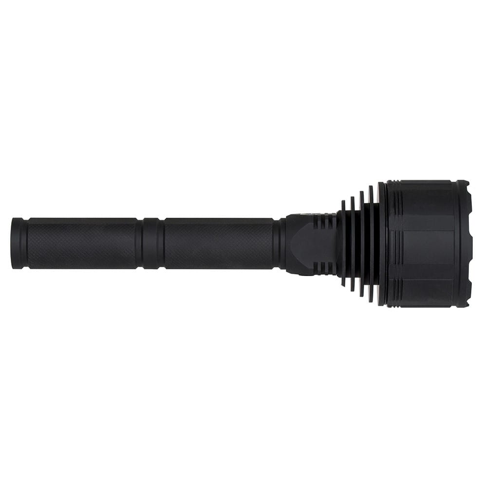 Długa czarna latarka z żłobionym uchwytem i okrągłą głowicą.