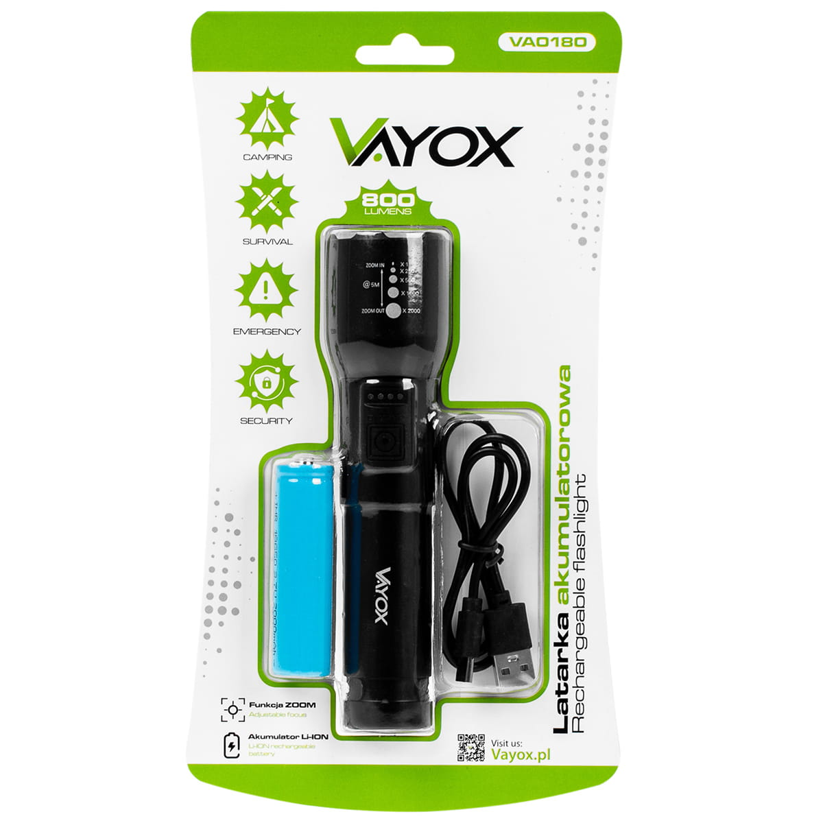 Latarka akumulatorowa Vayox w blistrze. Zawiera baterię i kabel do ładowania.
