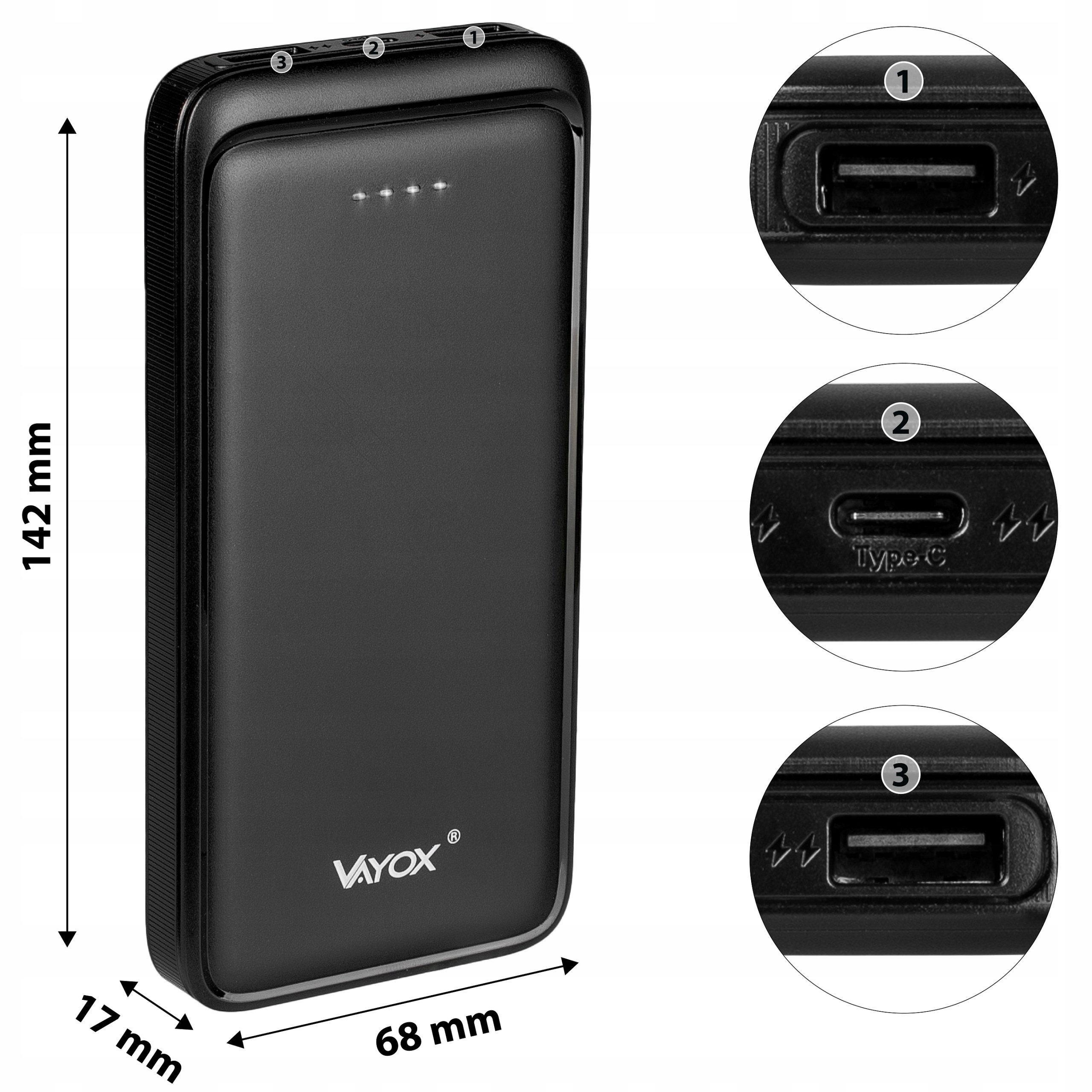 Czarny power bank z wyświetlonymi wymiarami. Pokazuje porty USB i Type-C. Logo Vayox jest widoczne.