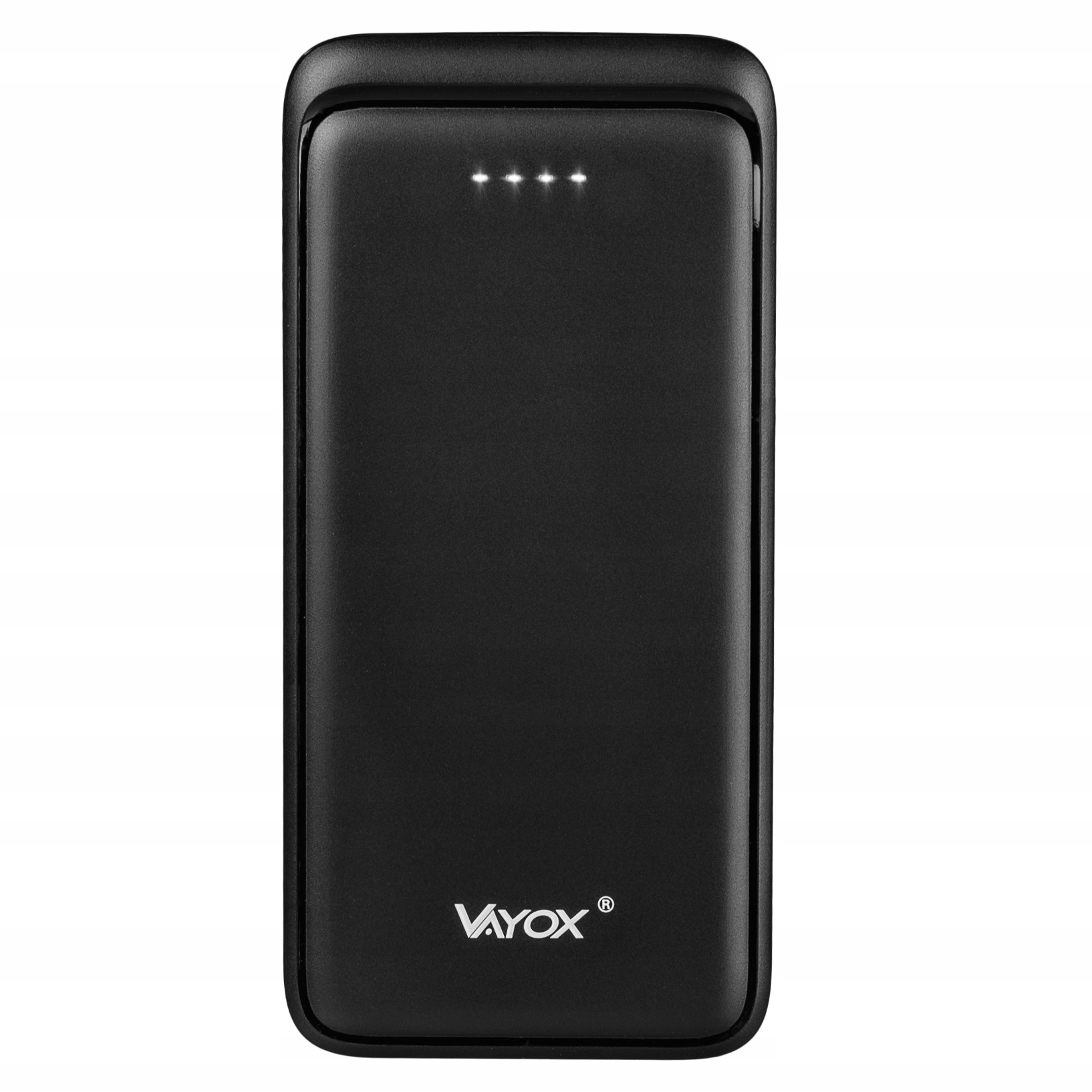 Czarny power bank z czterema białymi lampkami kontrolnymi. Białe tło.