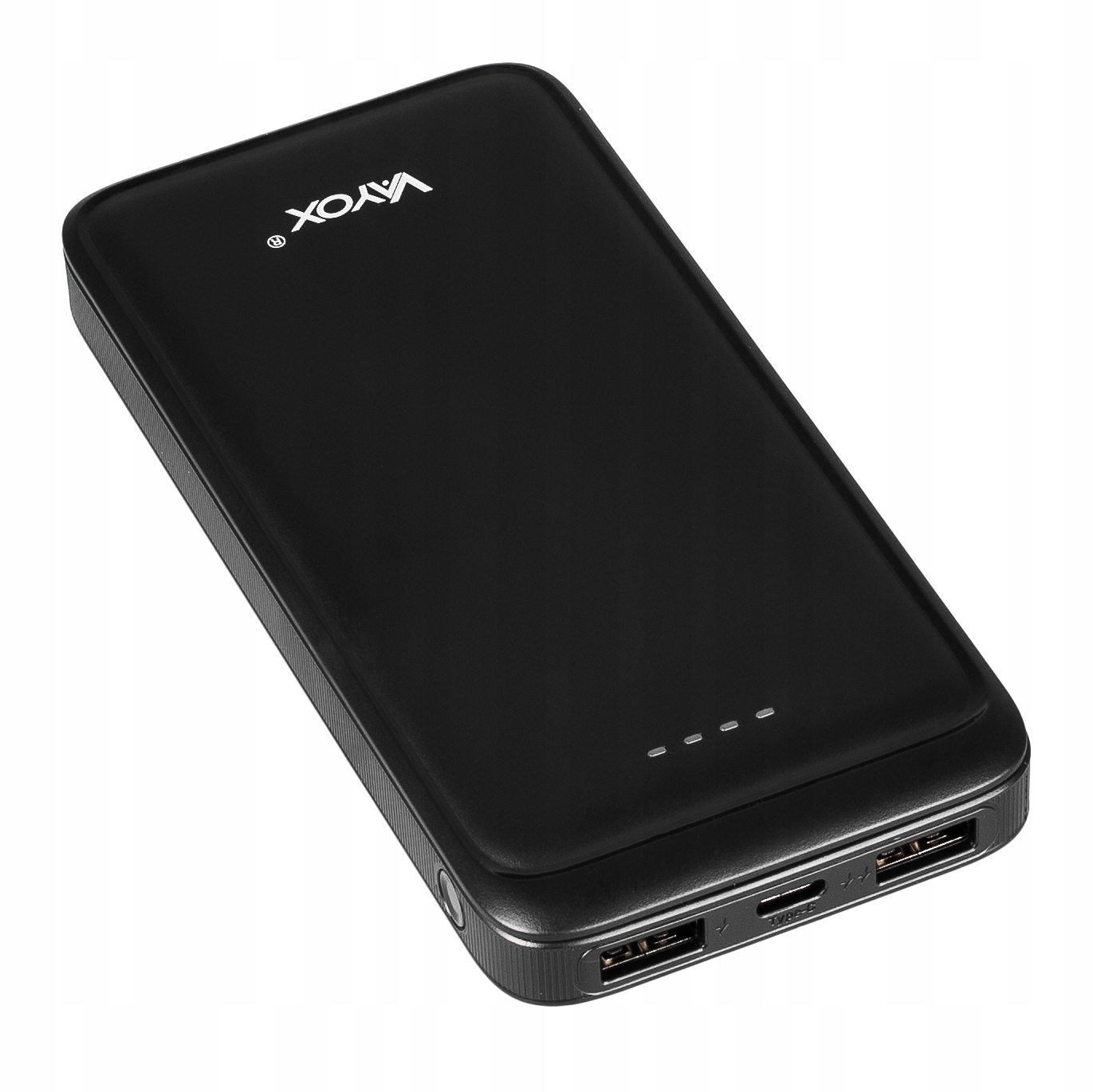 Czarny power bank z czterema lampkami kontrolnymi. Elegancki design. Białe tło.
