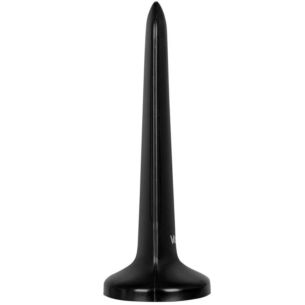 Czarna antena, stojąca prosto. Białe tło. Podstawa jest szersza niż góra.