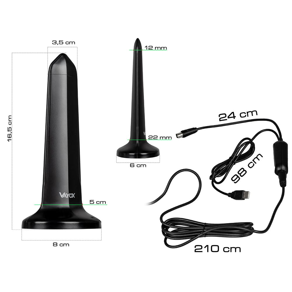 Czarna antena z oznaczonymi wymiarami. Podłączony kabel z USB i złączem.