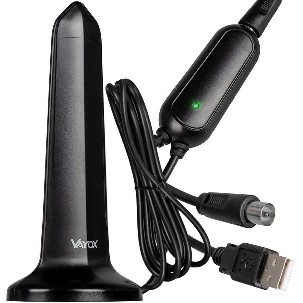 Czarna antena z kablem i złączem. Zielone światło na antenie.