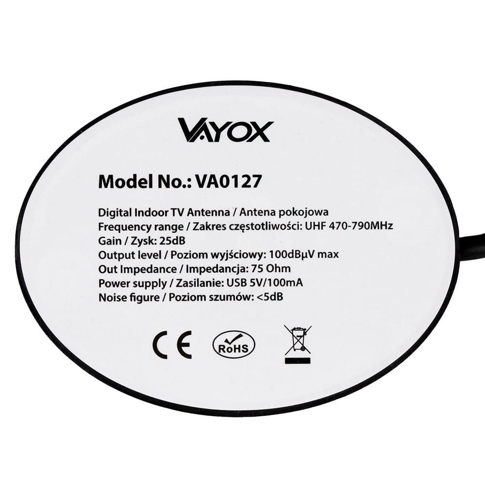 Okrągła antena TV do użytku wewnątrz pomieszczeń, biała z czarnymi detalami i tekstem. Widoczne logo Vayox.