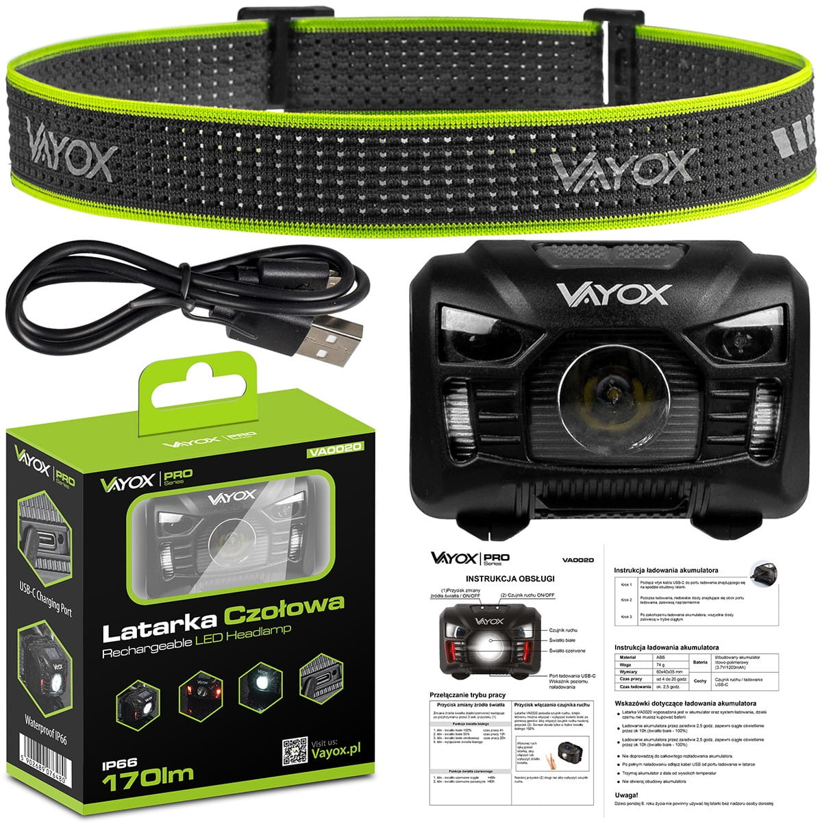 Zestaw czołówki. Opaska na głowę z zielonymi akcentami, kablem do ładowania oraz pudełkiem z specyfikacją i czołówką.