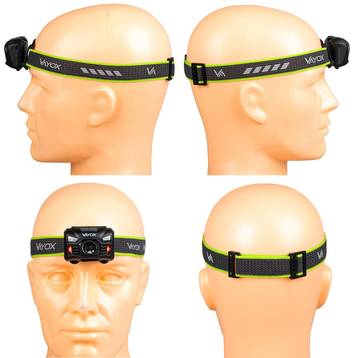 Czołówka na głowach manekinów. Różne kąty pokazujące dopasowanie i design czołówki, w tym opaskę.