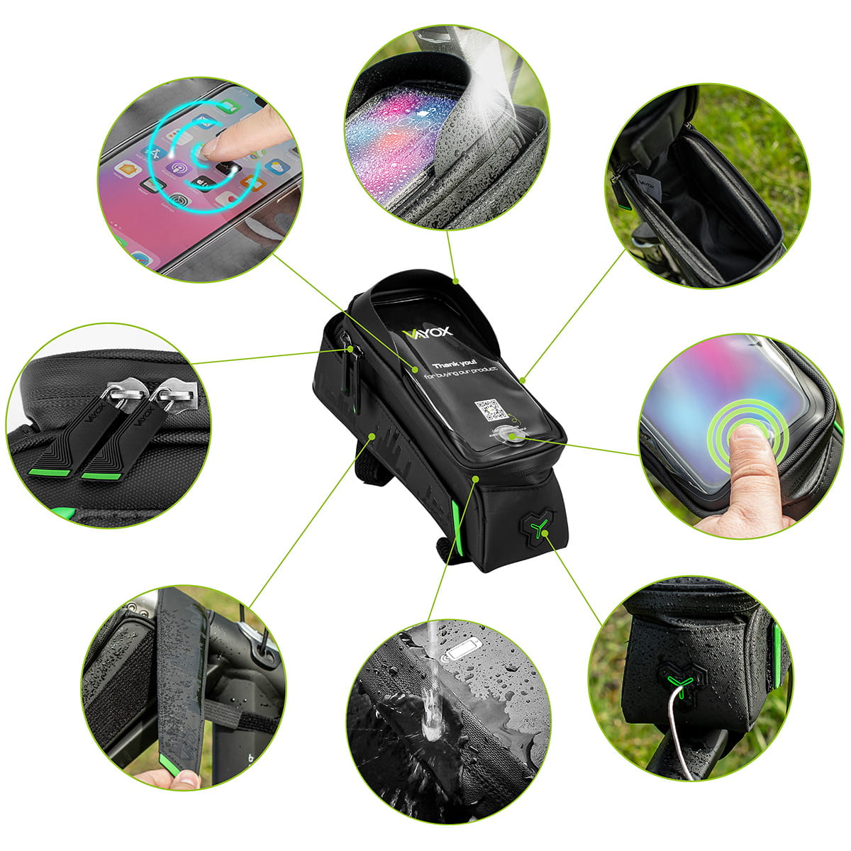 Torba rowerowa z telefonem. Pokazuje użycie ekranu dotykowego, wodoodporność i różne funkcje z zielonymi akcentami.