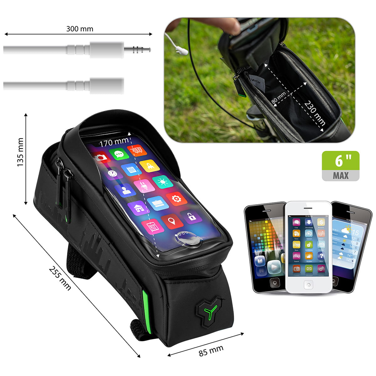 Torba rowerowa z telefonem. Torba rowerowa z telefonem w środku, wymiarami i kilkoma telefonami obok.