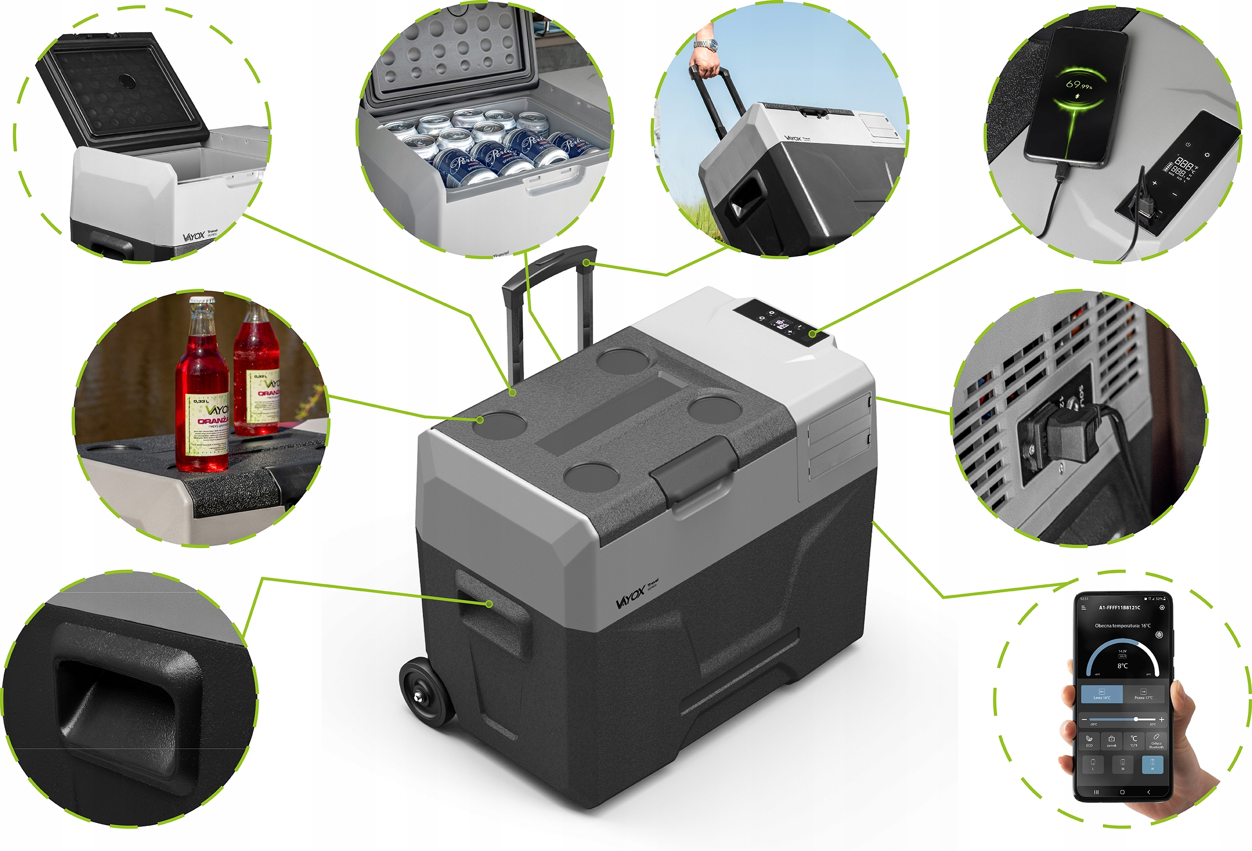 Chłodziarka ze szczegółami jej cech: wnętrze z puszkami, ładowaniem i kontrolkami.