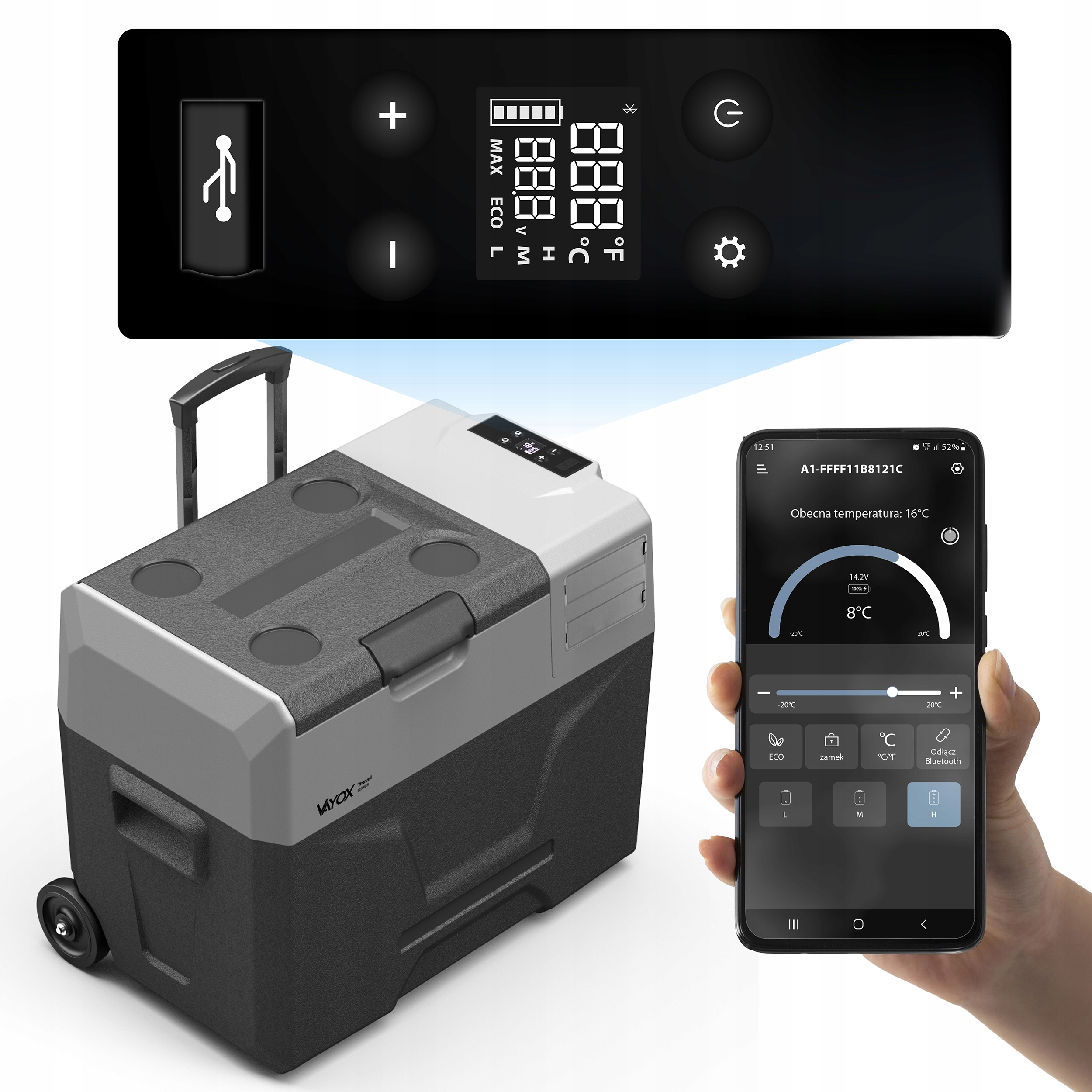 Chłodziarka z panelem sterowania i telefonem pokazującym interfejs aplikacji; wyświetla temperaturę.