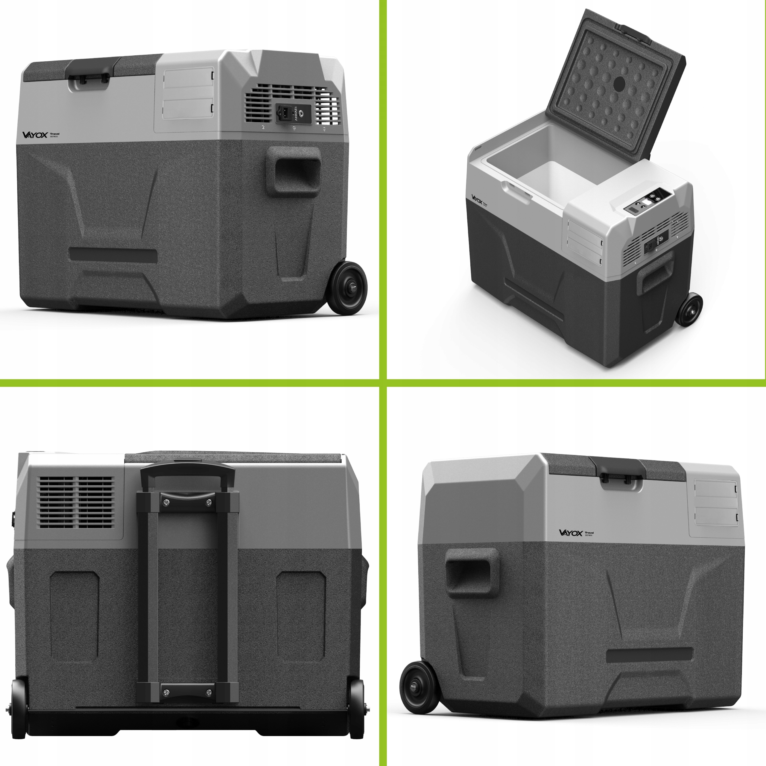 Wiele widoków chłodziarki: przód, tył, bok i otwarta pokrywa, wszystko w zielonej ramce.